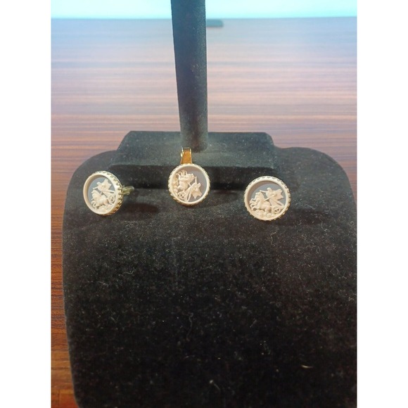 Vintage Cameo Trojan War Cufflinks & Tie clip Blue and White Horses - Picture 10 of 12